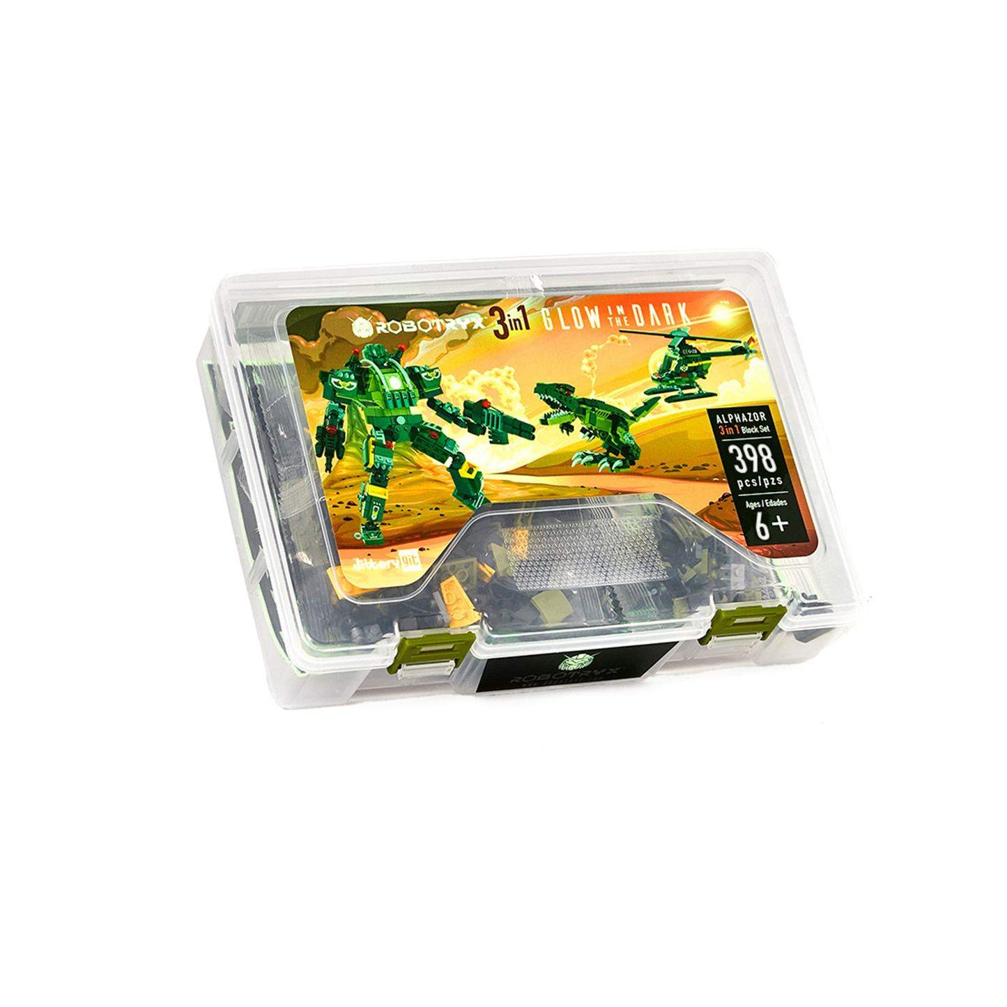 Alphazor — 3-in-1 Glow-in-the-Dark Robot, Raptor & Chopper Set