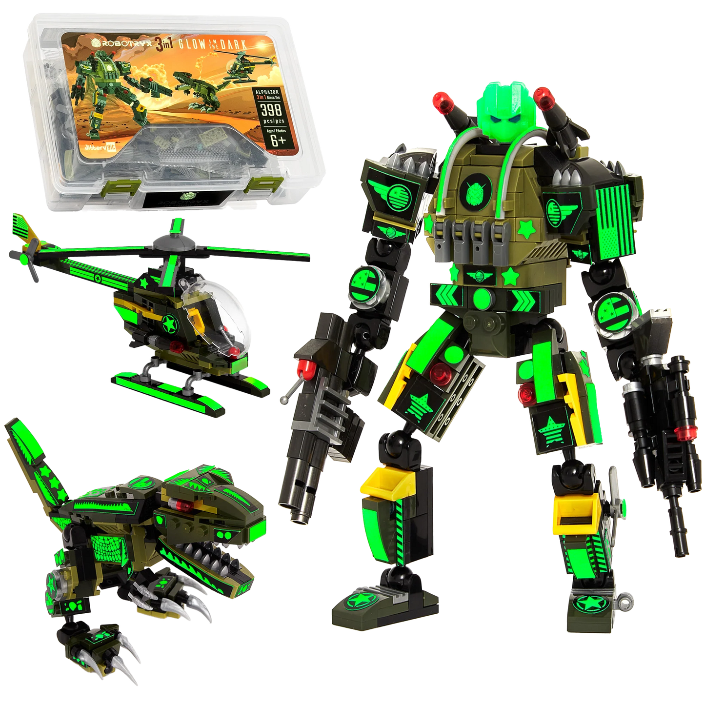 Alphazor — 3-in-1 Glow-in-the-Dark Robot, Raptor & Chopper Set