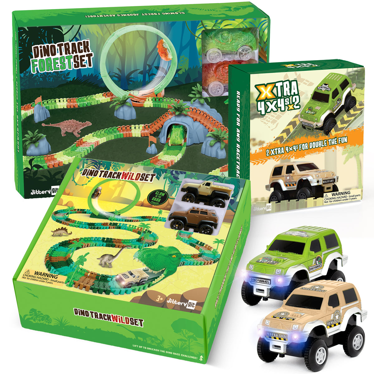 DinoTrack Forest & Wild Bundle – 2 Glow Tracks, 6 Cars