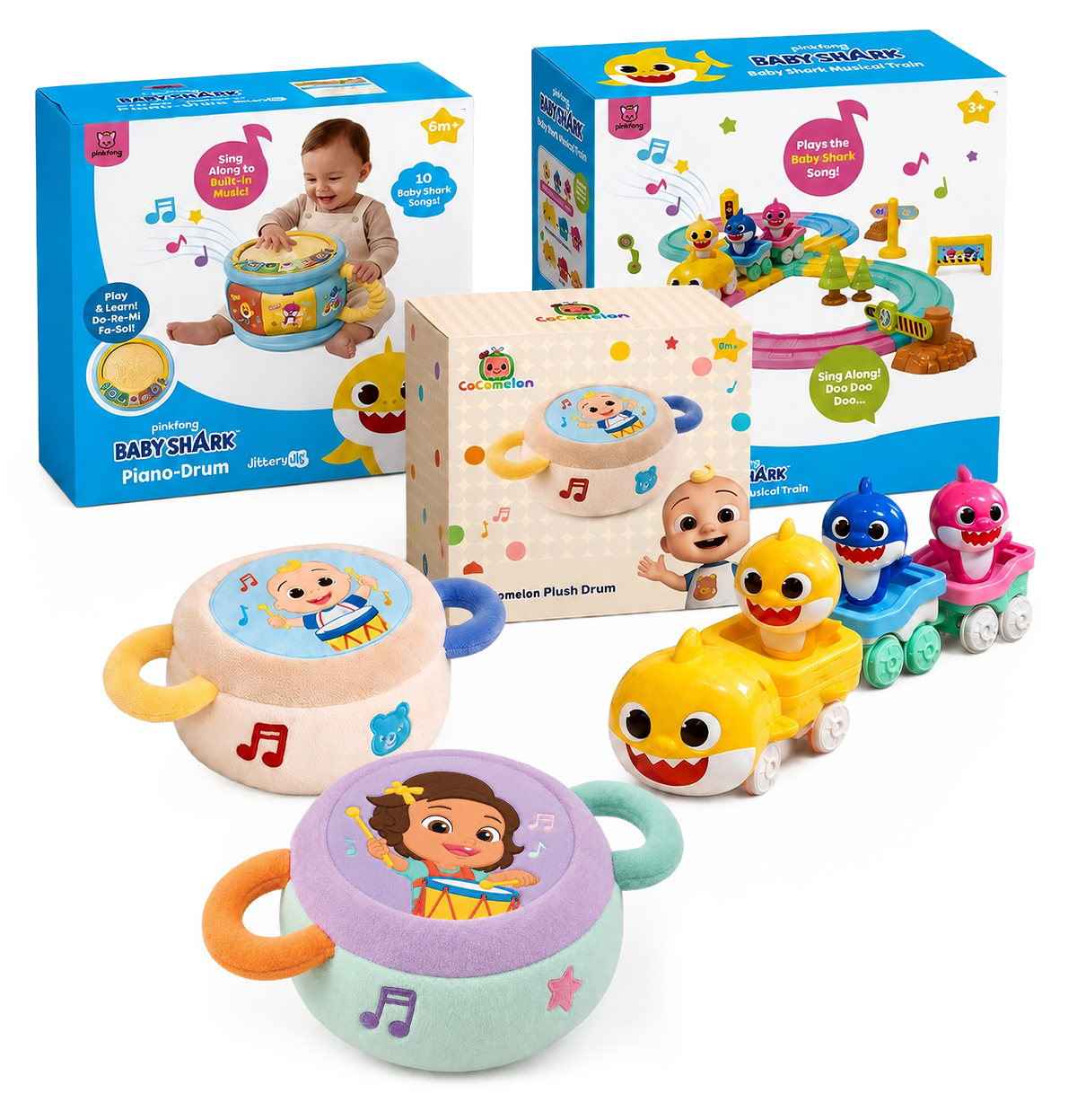 Baby Shark Piano-Drum, CoComelon Plush Drum and Baby Shark Musical Train in retail packaging